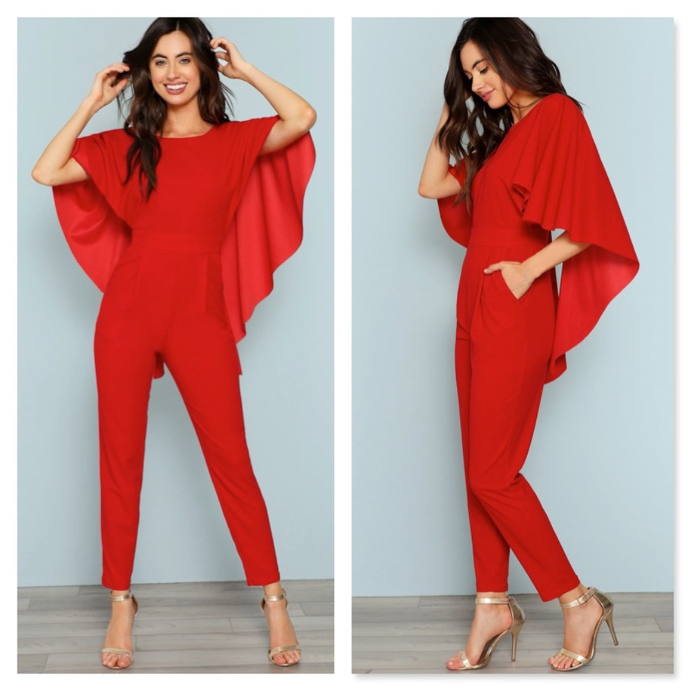 Cape Shoulder Backless Red Tapered Jumpsuit - Picture 2 of 8